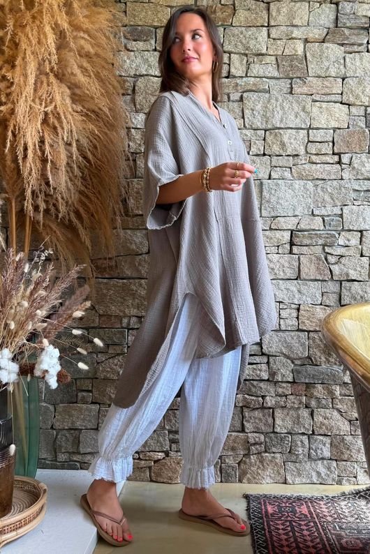 Tasha Cushion Cotton Oversized Shirt Tunic Mocha